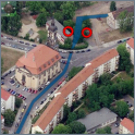 Ehem. Verlauf des Mühlgrabens im heutigen Stadtgebiet und ehem. Standorte der Bäckermühle links und Hofmühle rechts, Bing Maps 2012