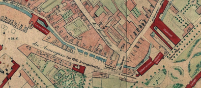 Ausschnitt: Plan von Dresden mit seinen Vorstädten und Gartenanlagen, 1834, Verlauf des Weißeritzmühlgrabens von links (Damm-Mühle) nach rechts (Silberhammer), SLUB/Kartenforum, SHStH 