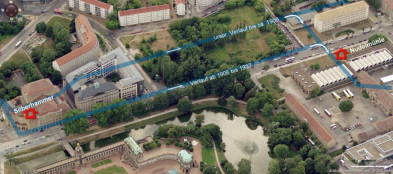 Schauspielhaus - Ostra Allee, Verlauf des Weißeritzmühlgrabens auf heutiges Stadtbild übertragen