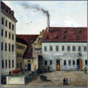 Rechts die Dammmühle, links daneben das Stadtschlachthaus, vor 1874