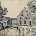 Kunadmühle, Blick flussaufwärts, links die Sägemühle mit unterschlächtigem Wasserrad, rechts die Getreidemahlmühle, hier Rad nicht sichtbar, 1812