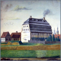 Hauptgebäude der Dresdner Papiermühle am Weißeritzmühlgraben im Jahre 1803, Blick aus westlicher Richtung (etwa Freiberger Str./Nossener Brücke) auf das Zentrum mit Hausmannsturm rechts (Schloss) und Turm der Hofkirche links, links die Wirtschaftsgebäude 