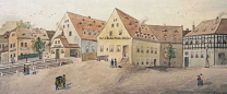 Links Bäckermühle, rechts Hofmühle (A. Beisert), dazwischen von links kommend (Annenkirche) der Weißeritzmühlgraben, um 1875